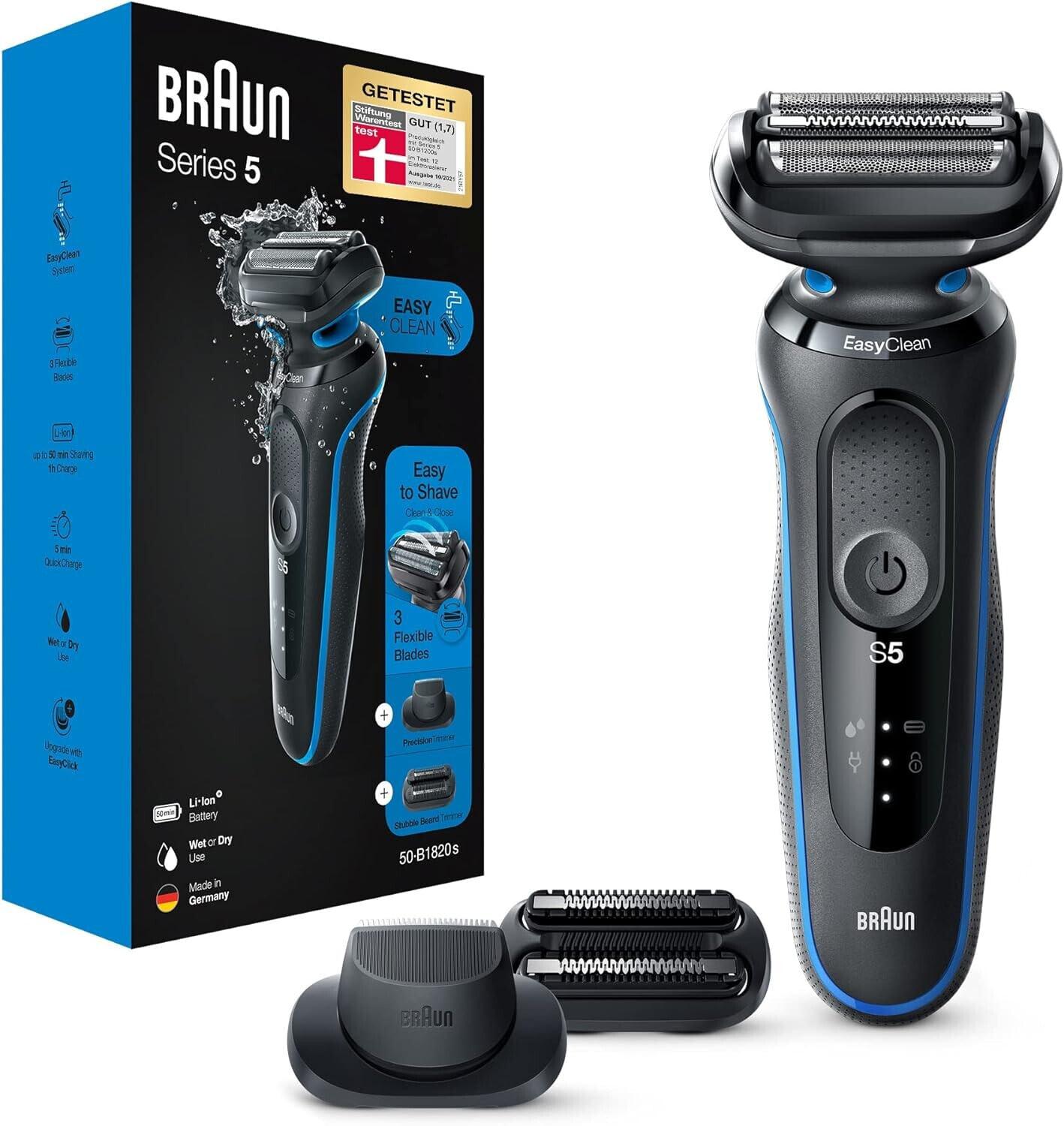 Braun Series 5cs shaver men, electric shaver with 3 flexible blades, beard trimmer, charging status, 50 min run time, EasyClick attachments, Wet&Dry, M4500cs, turquoise