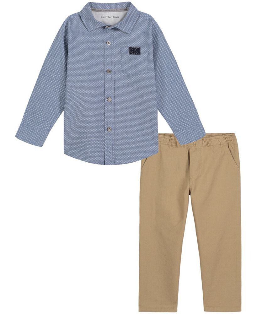 Calvin Klein little Boys Denim Long Sleeve Button-Front Shirt and Prewashed Twill Pants, 2 Piece Set