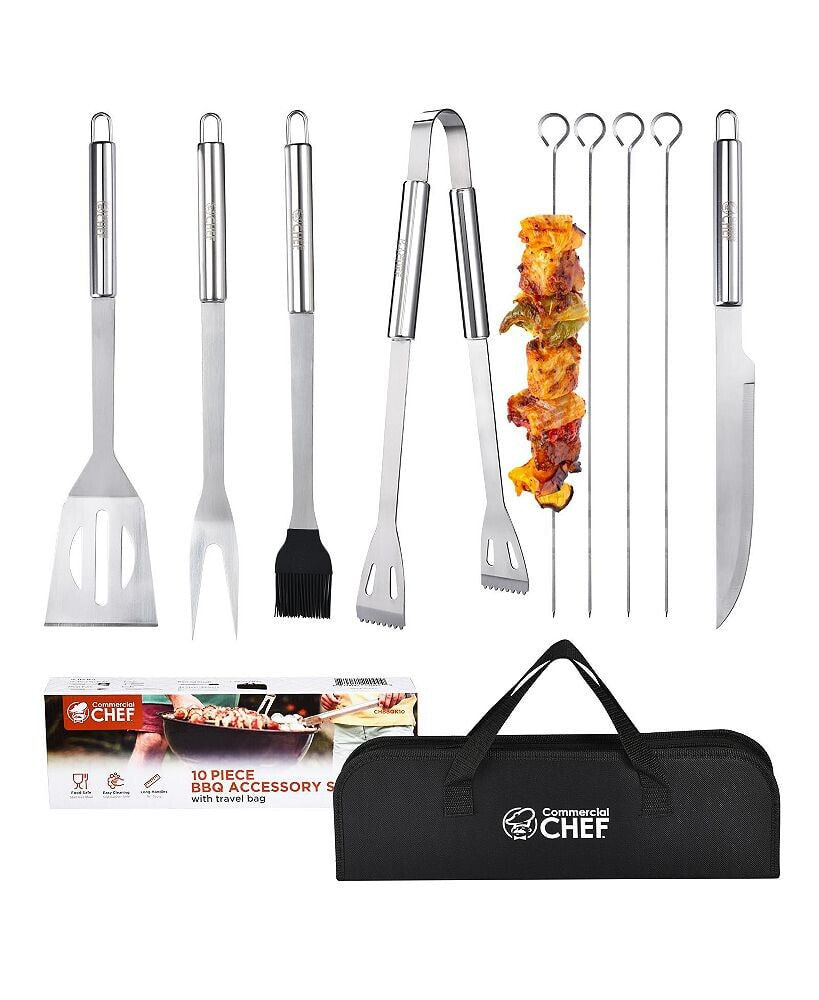 Commercial Chef bBQ Grill Set with Meat Fork, Spatula, and All Necessary Grill Accessories - 10 PCS BBQ Grilling Tools for Smoker, Camping, Kitchen, Barbecue and Ideal Mens Gift