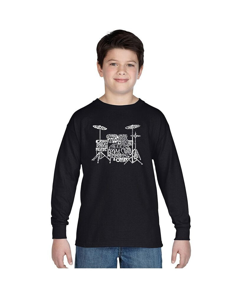 LA Pop Art big Boy's Word Art Long Sleeve T-shirt - Drums