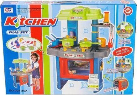 Детская кухня Adar со световыми и звуковыми эффектами. Посуда в комплекте. Требуются 3 батарейки АА. Синий, зеленый, серый.