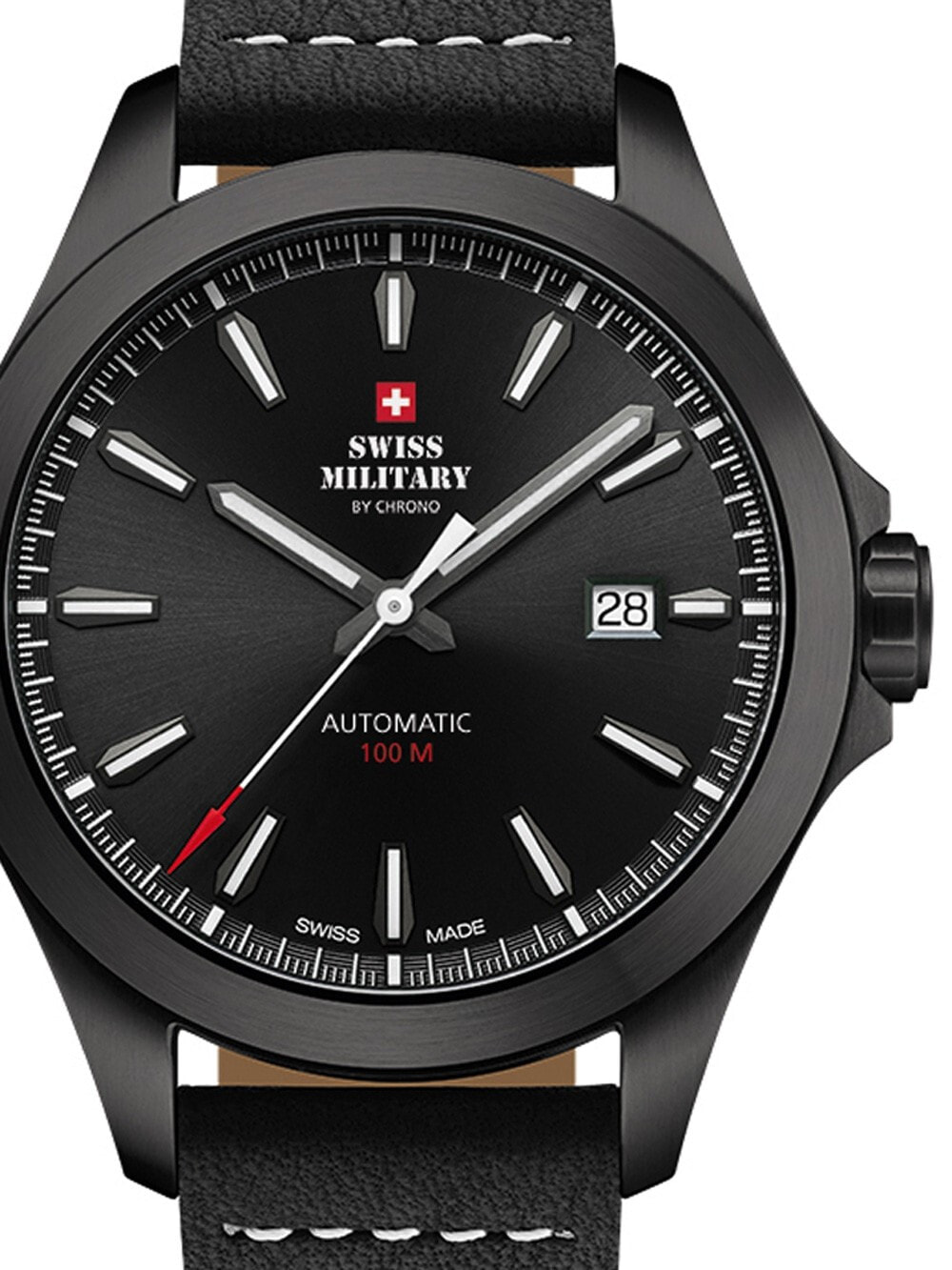 Мужские наручные часы с черным кожаным ремешком Swiss Military SMA34077.10 Automatic 42mm 10ATM