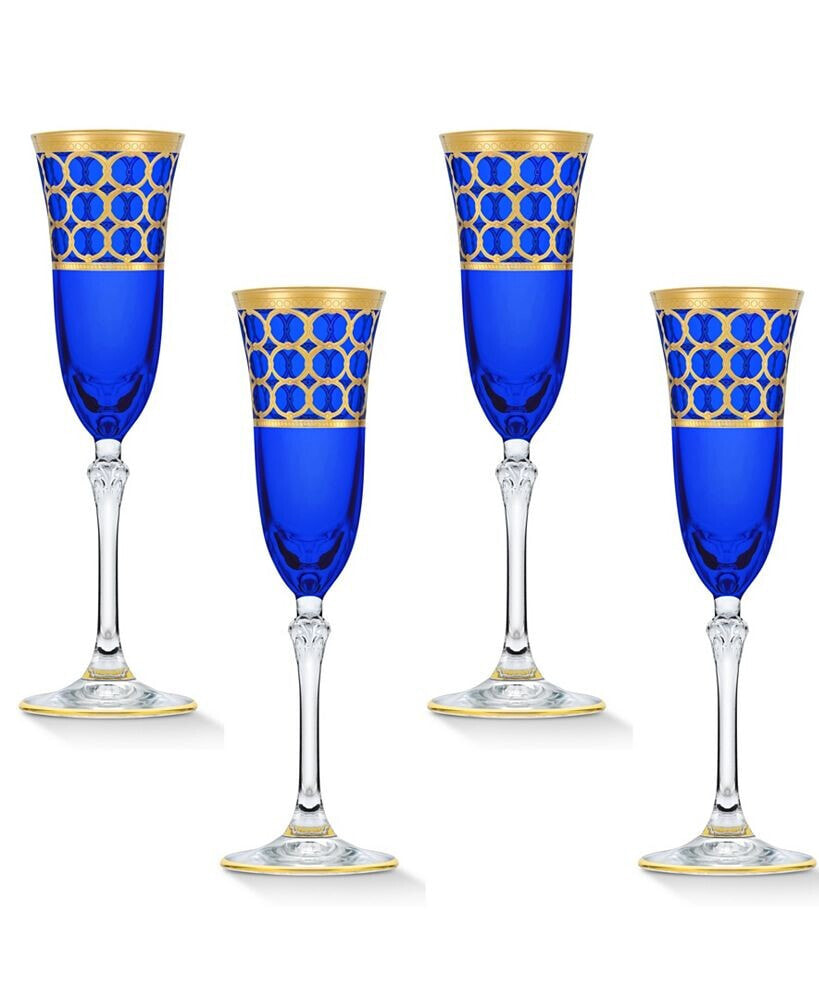 Lorren Home Trends cobalt Blue Champagne Flutes with Gold-Tone Rings, Set of 4