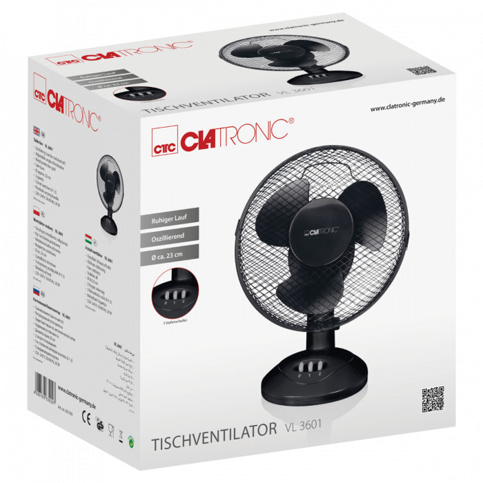 Clatronic VL 3601 - Household blade fan - Black - Table - 2.3 cm - Buttons - AC