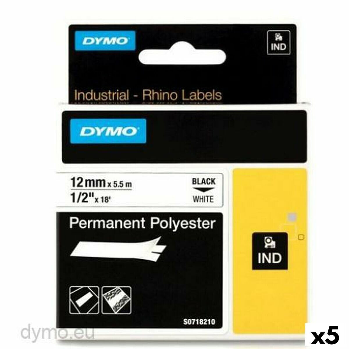 Laminated Tape for Labelling Machines Rhino Dymo ID1-12 12 x 5,5 mm Black White Self-adhesives (5 Units)
