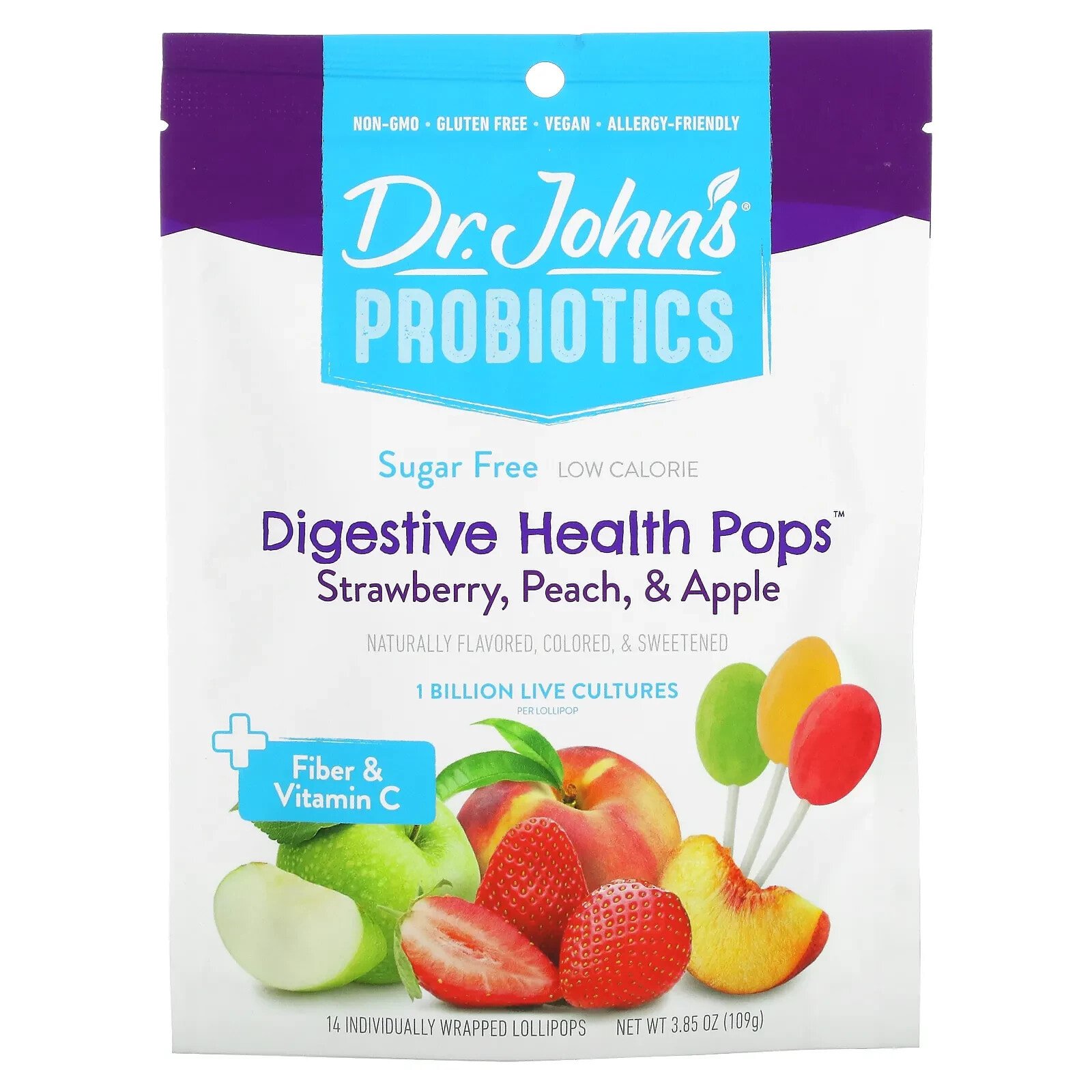 Dr. John's Healthy Sweets, Пробиотики, леденцы для здоровья пищеварительной системы, с клетчаткой и витамином C, клубника, персик и яблоко, без сахара, 1 миллиард, 14 леденцов на палочке в индивидуальной упаковке, 109 г (3,85 унции)