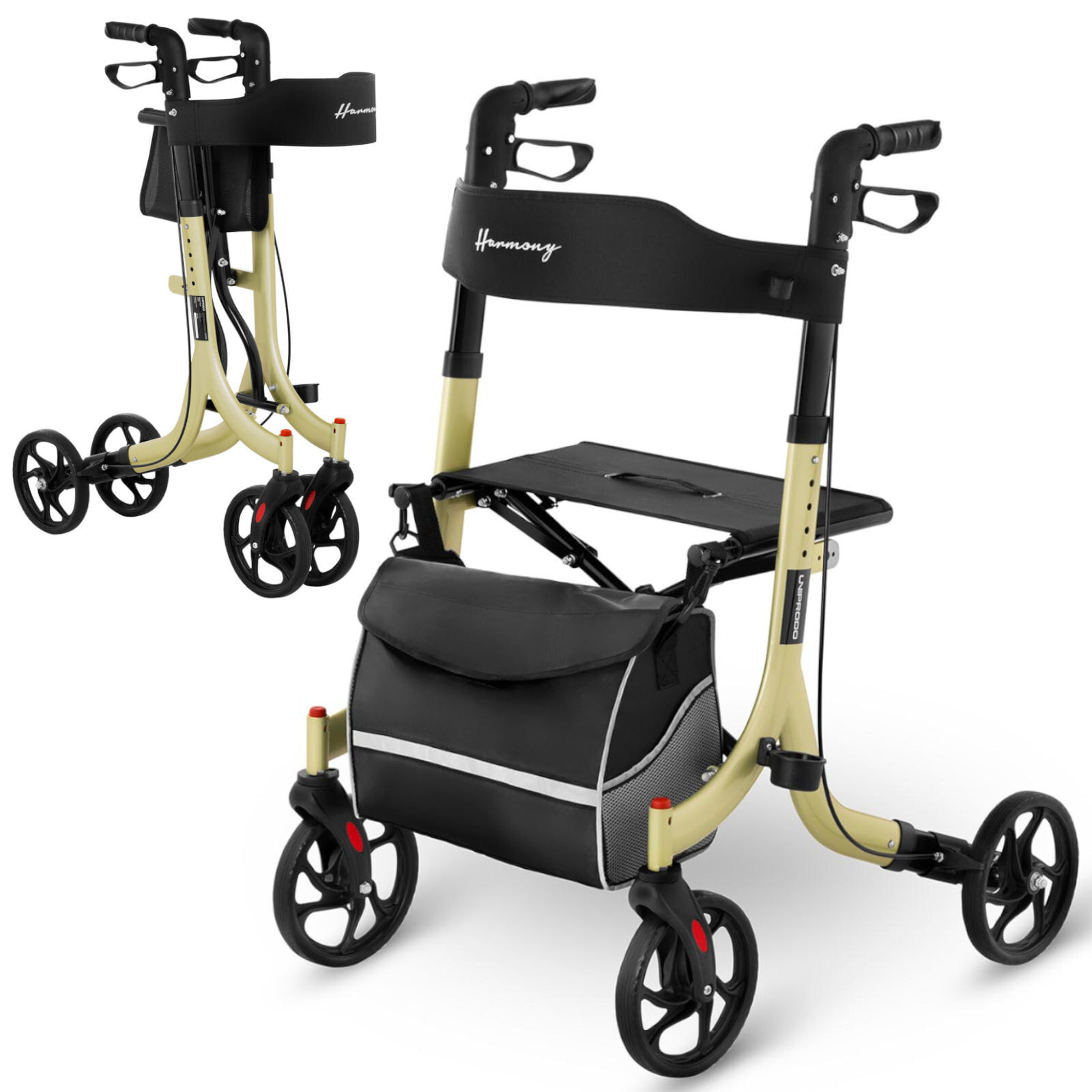 Balcony walker support for senior with a seat and a shopping bag up to 136 kg - gold