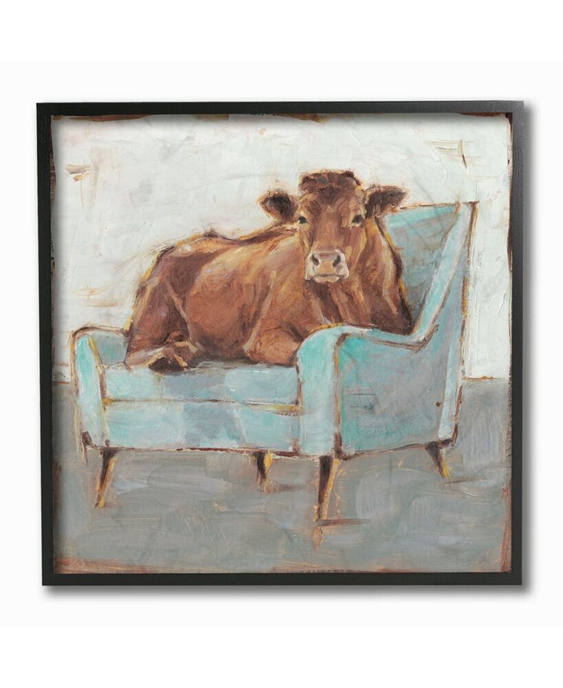 Brown Bull on A Blue Couch Neutral Color Painting Framed Texturized Art, 12