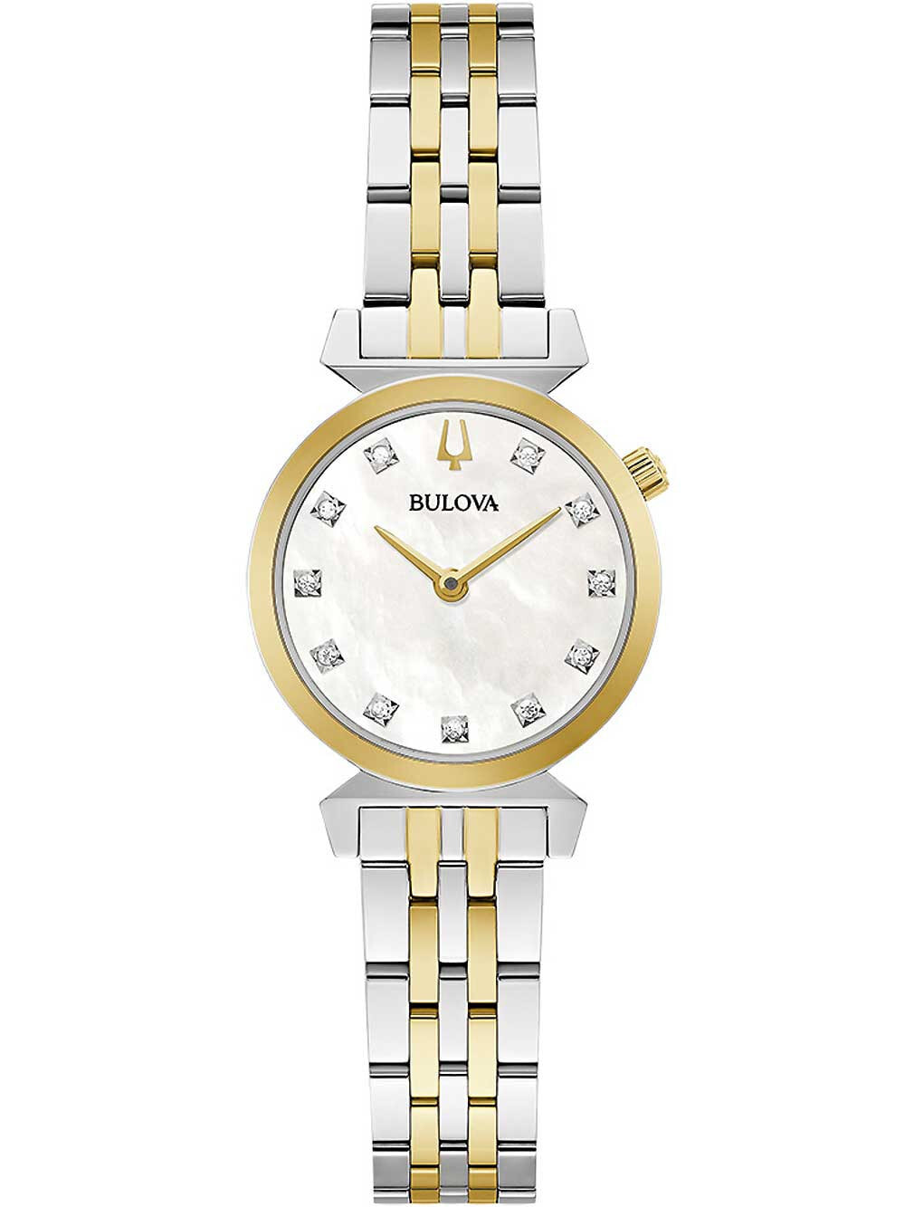 Женские наручные кварцевые часы Bulova ремешок из нержавеющей стали. Водонепроницаемость-3 АТМ. Защищенное от царапин минеральное стекло. циферблат декорирован 11 бриллиантами.