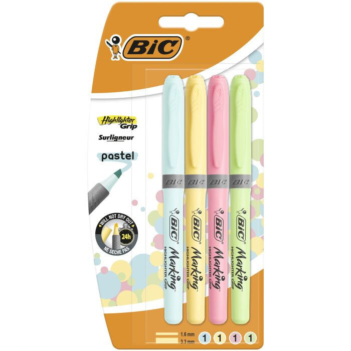 BIC Highlighter Grip Pastel маркер 4 шт Синий, Зеленый, Розовый, Желтый Скошенный наконечник 964859