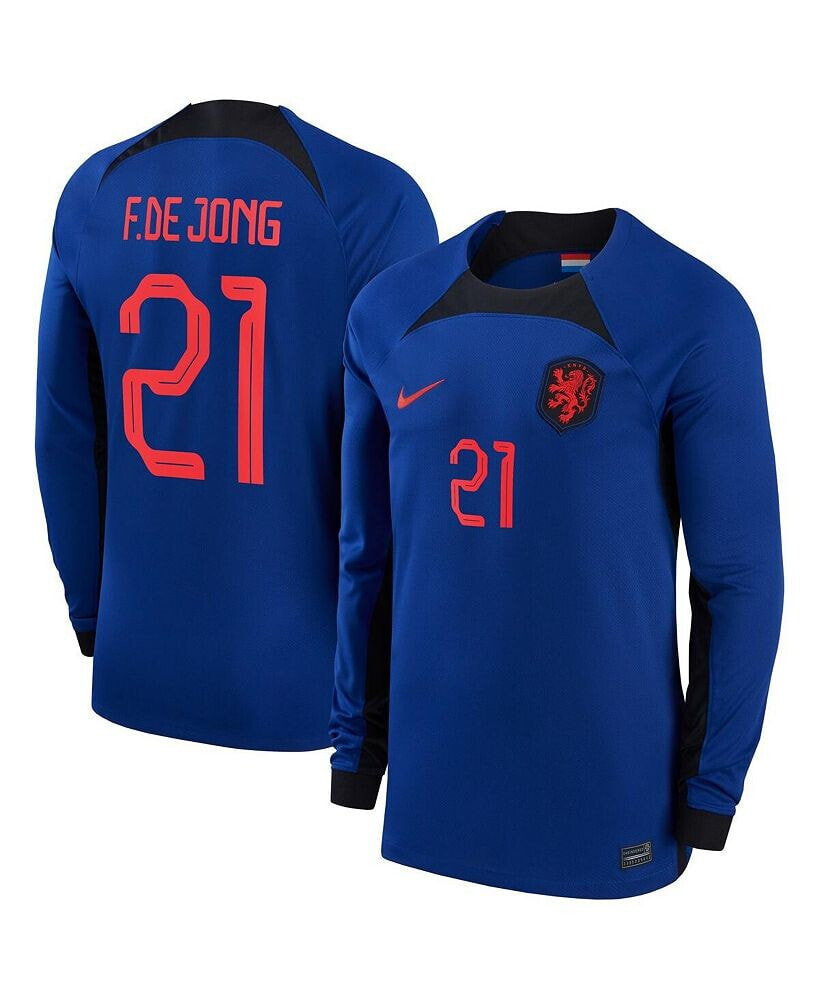 Nike men's Frenkie de Jong Blue Netherlands National Team 2022/23 Away Breathe Stadium Replica Player Long Sleeve Jersey