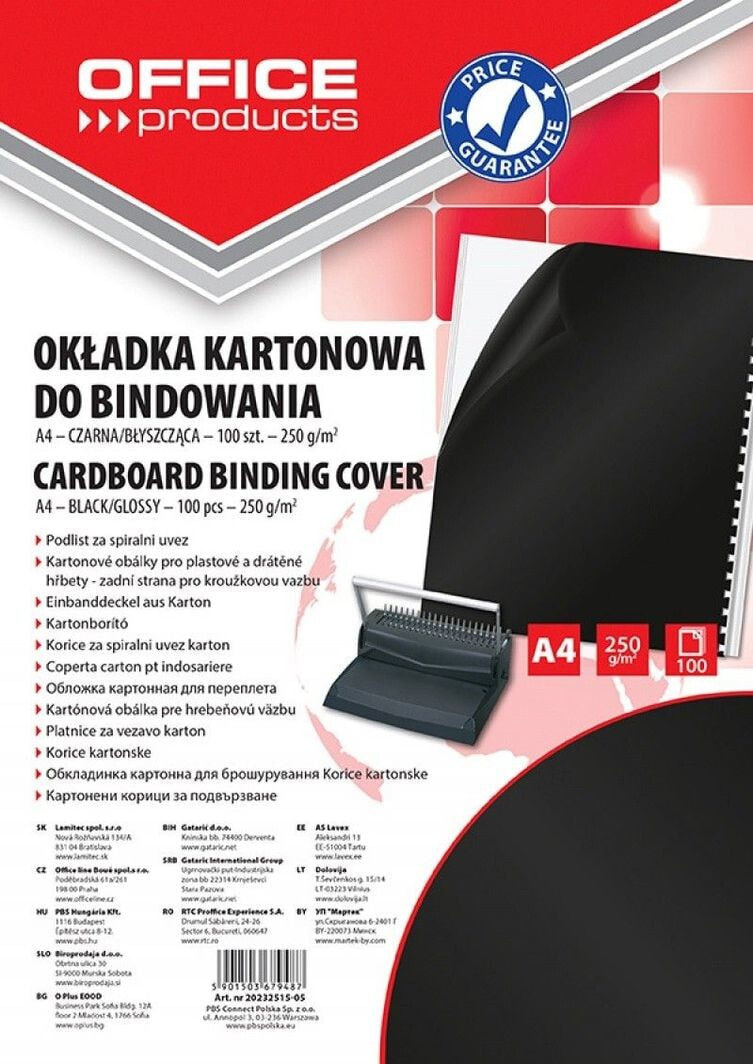 Office Products OKŁADKI DO BINDOWANIA OFFICE PRODUCTS, KARTON, A4, 250GSM, BŁYSZCZĄCE, 100SZT., CZARNE 20232515-05