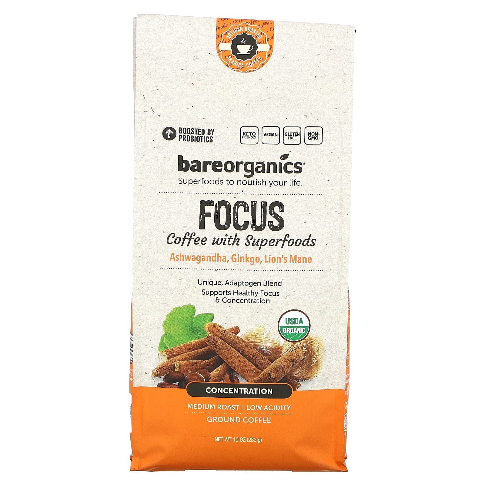 Focus Coffee With Superfoods, Ground, Medium Roast, 10 oz (283 g)