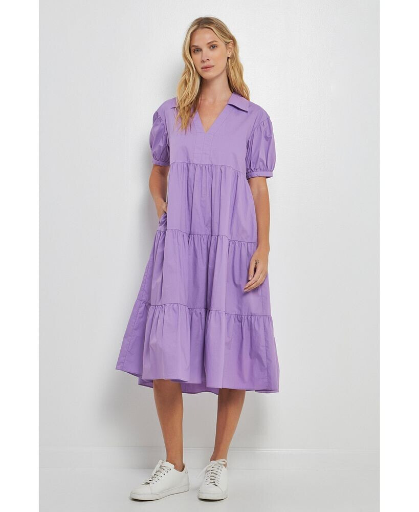 English Factory women's Short Puff Sleeve Midi Dress