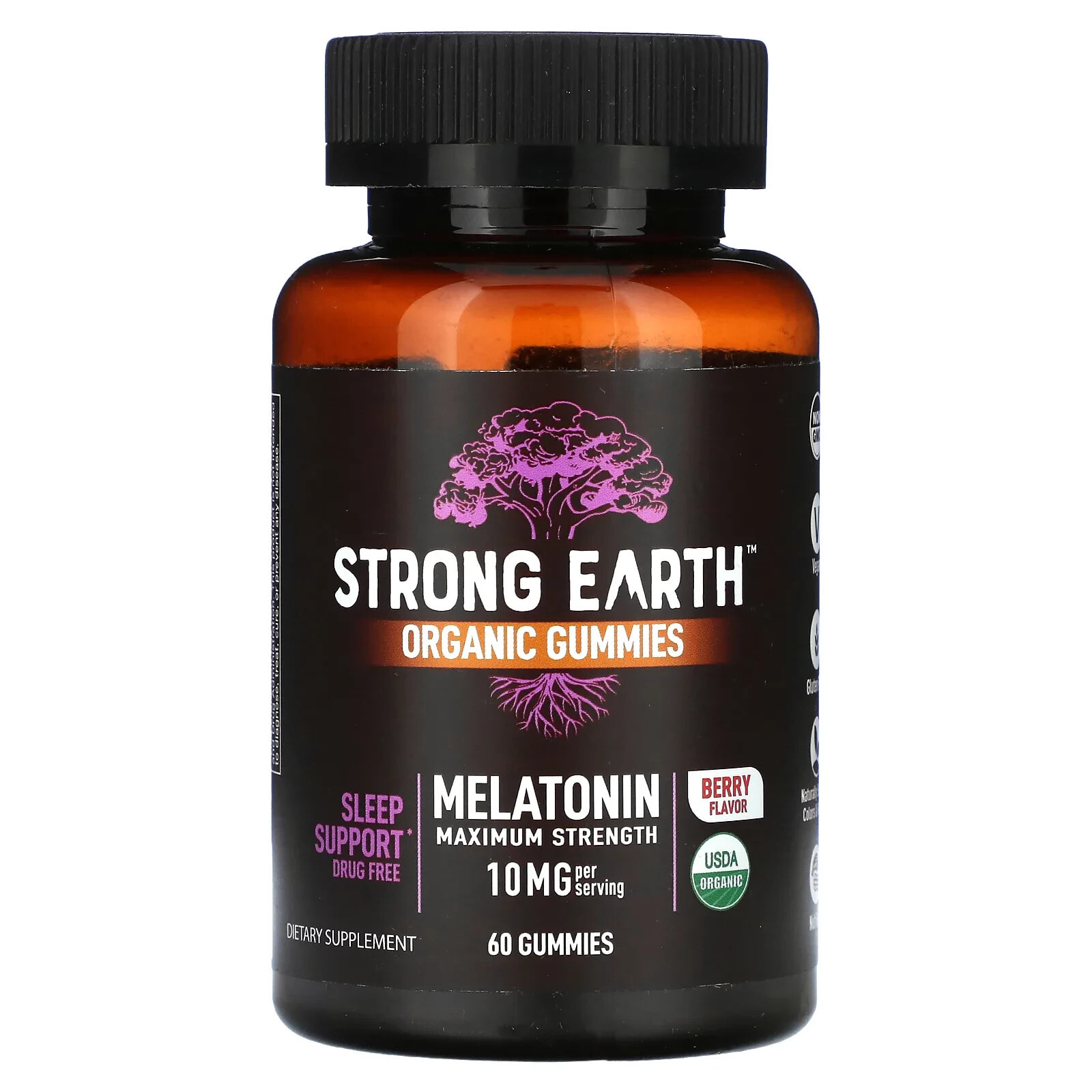 Strong Earth Organic Gummies, Melatonin, Maximum Strength, Berry, 10 mg, 60 Gummies (5 mg per Gummy)