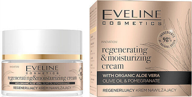 Regenerierende und feuchtigkeitsspendende Gesichtscreme mit Aloe Vera, Olivenöl und Granatapfel - Eveline Organic Gold Regenerating Moisturizing Cream