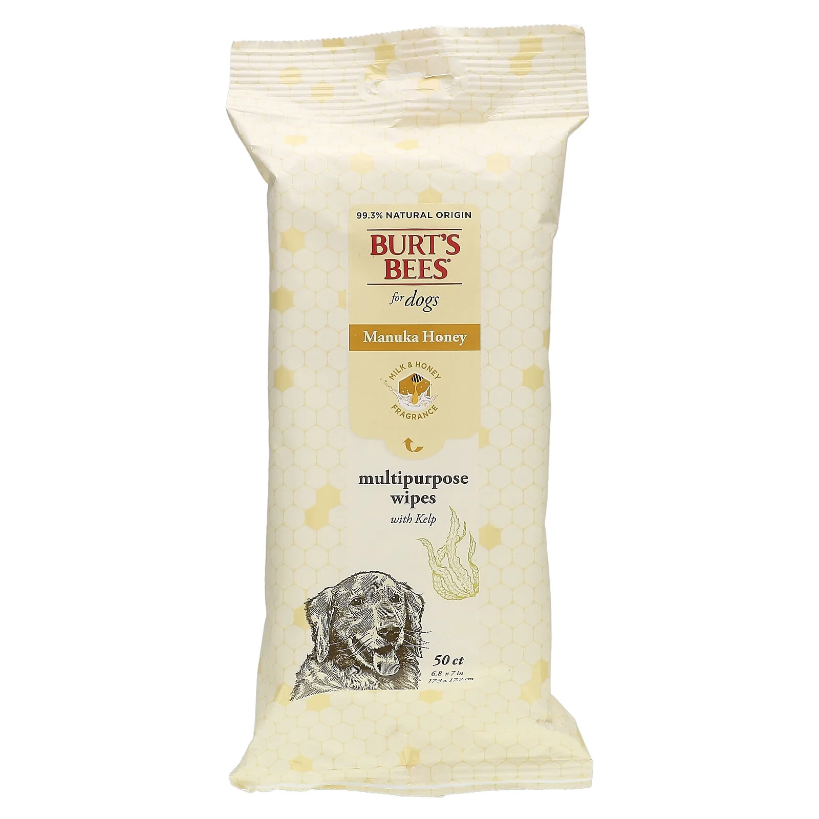 Burt's Bees, Многоцелевые салфетки с водорослями Manuka Honey, для собак, с молоком и медом, 50 салфеток