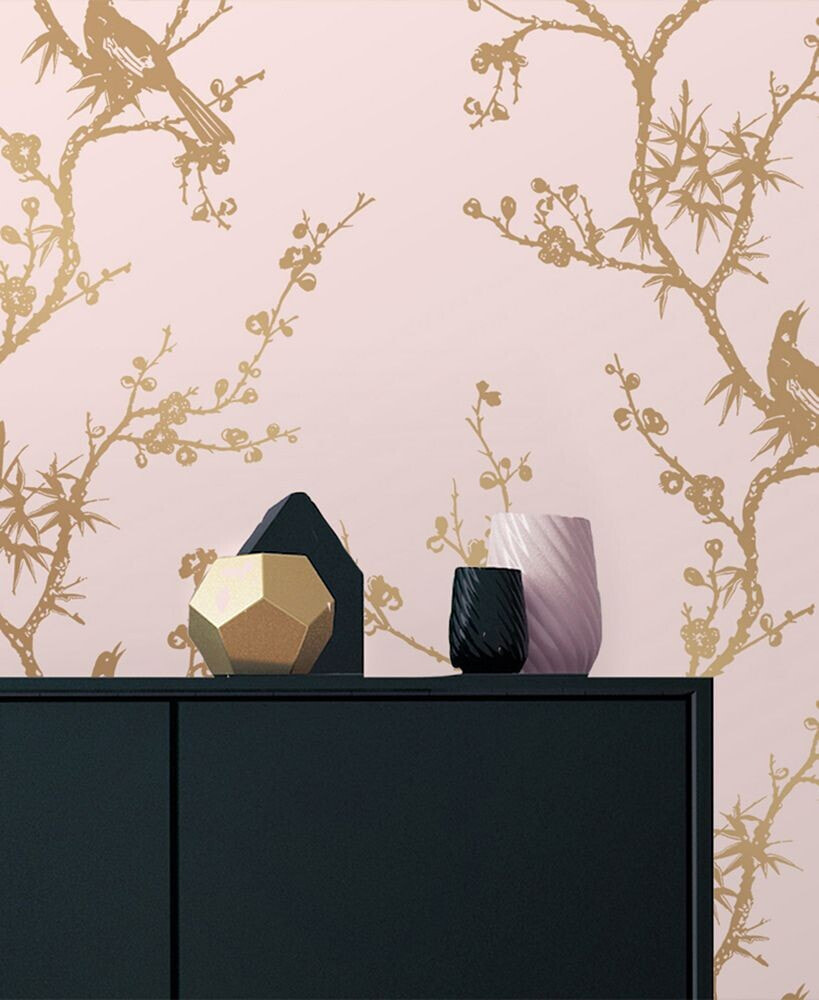 Tempaper cynthia Rowley for Bird Watching Rose Pink & Gold Peel and Stick Wallpaper