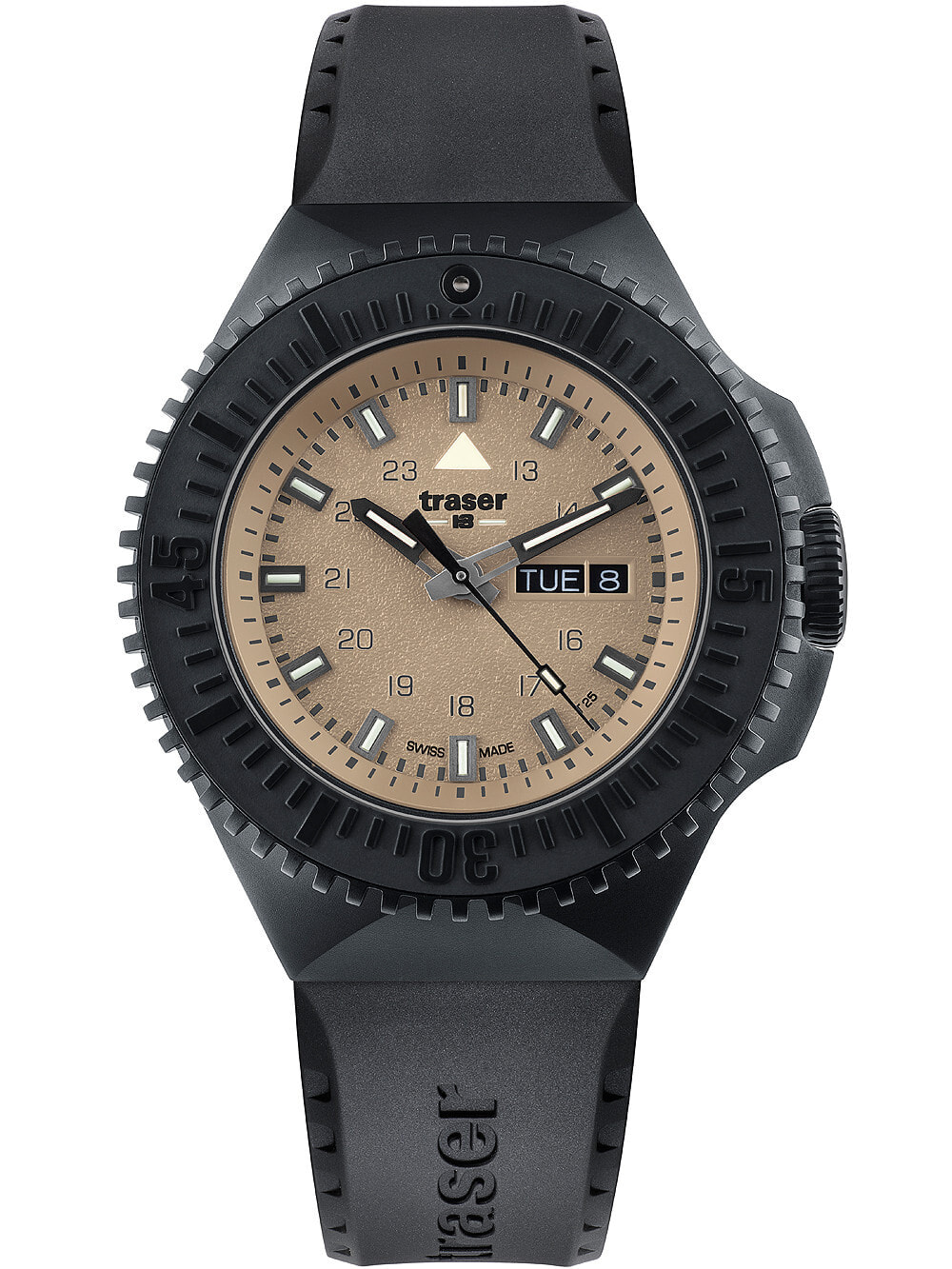Мужские наручные часы с черным силиконовым ремешкомTraser H3 109861 P69 Black-Stealth Sand 46mm 20ATM