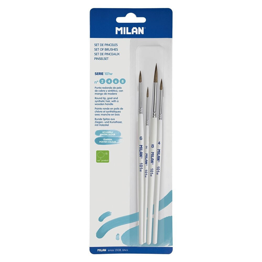 MILAN Blister Pack 4 Round Brushes Goat & Synthetic Hair White Handle 101W Series Nº 2 4 6 And 8