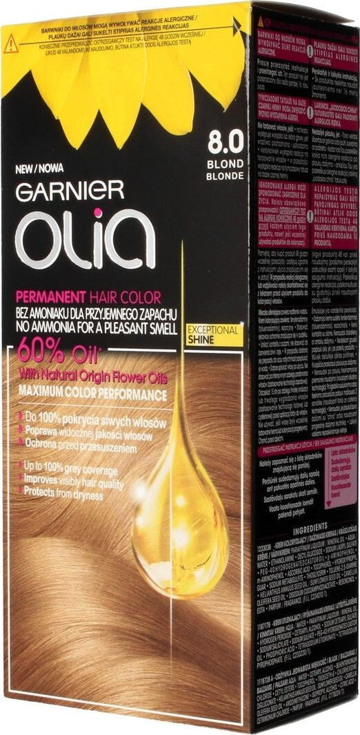 Garnier Olia Permanent Coloration Hair Color No.8.0 Перманентная крем-краска для волос на масляной основе, оттенок блонд