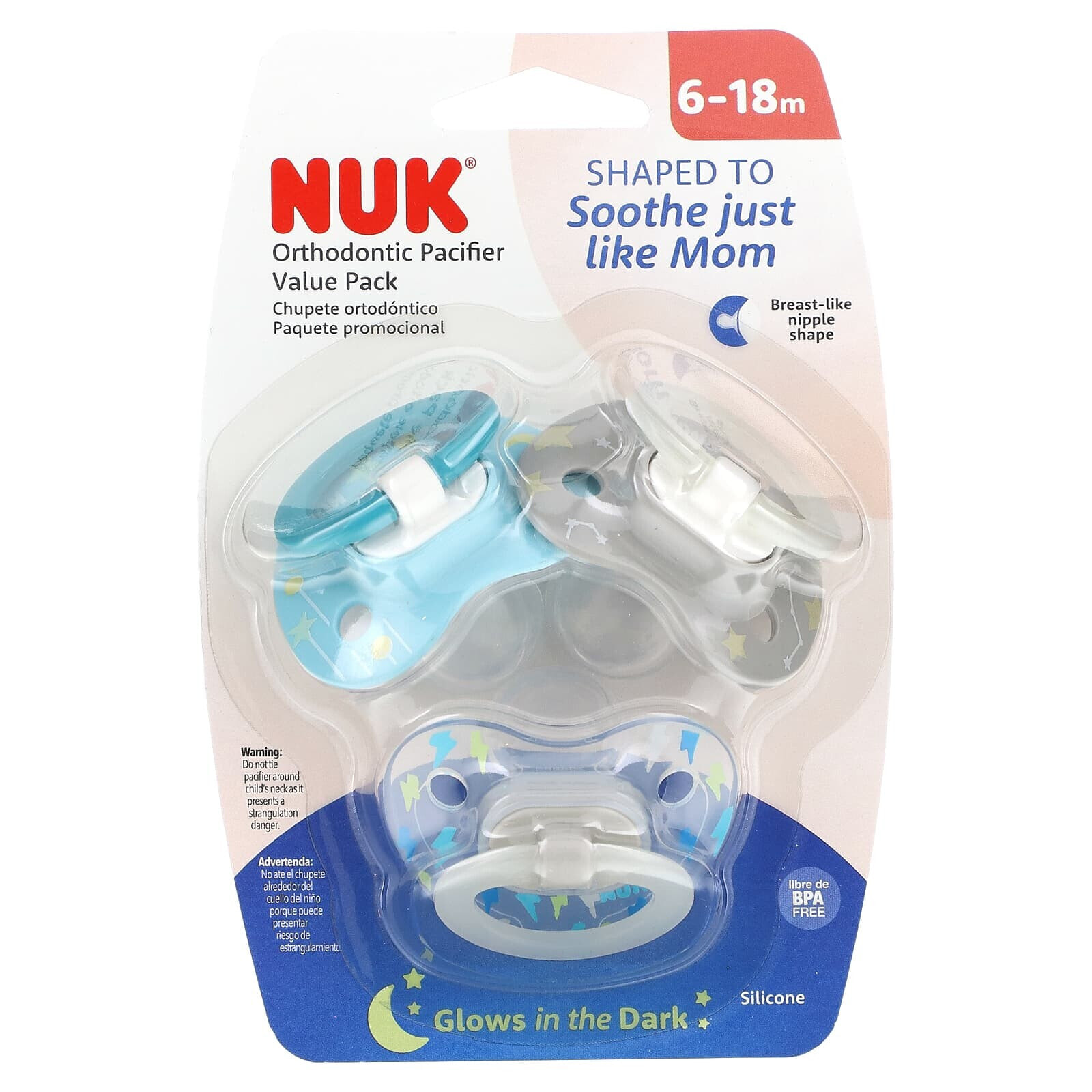 NUK, Ортодонтическая соска Glow in the Dark, для детей 6–18 месяцев, со вкусом молнии и звездочки, набор из 3 продуктов