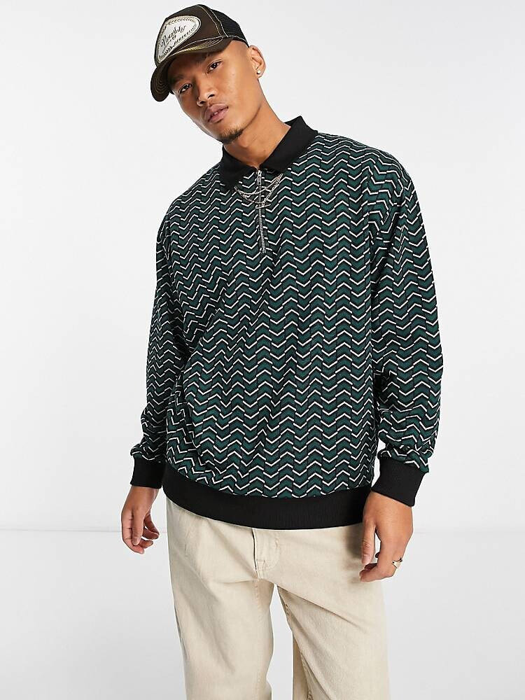 ASOS DESIGN – Oversize-Polo-Sweatshirt in Grün mit Chevron-Struktur