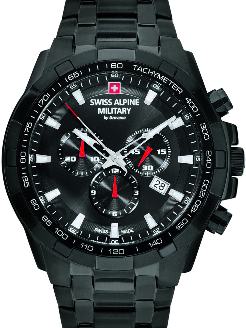 Мужские наручные часы с черным браслетом Swiss Alpine Military 7043.9177 chrono 46mm 10ATM