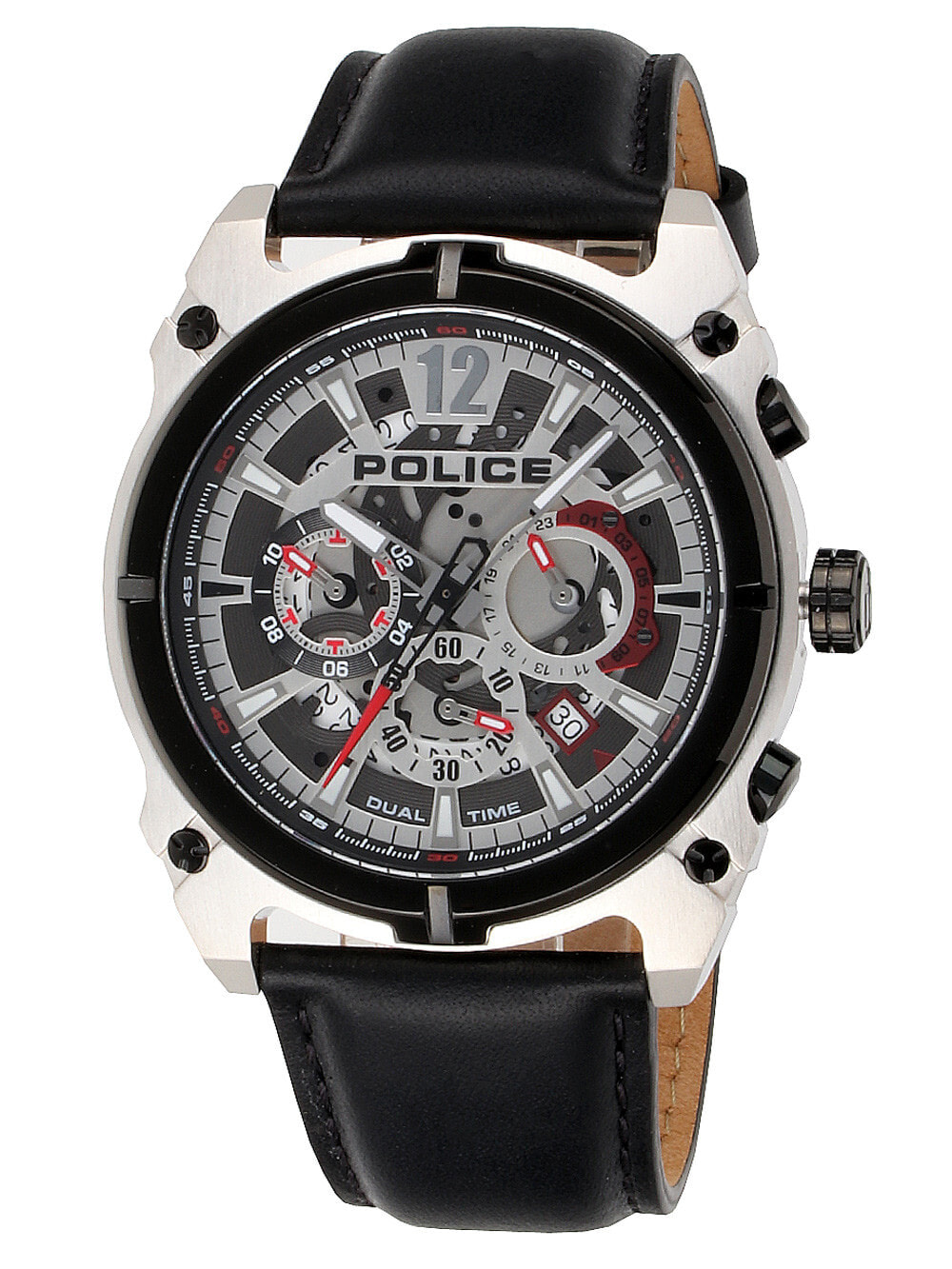 Мужские наручные часы с черным кожаным ремешком Police PL16020JSTB.04 Antrim 46mm 5ATM