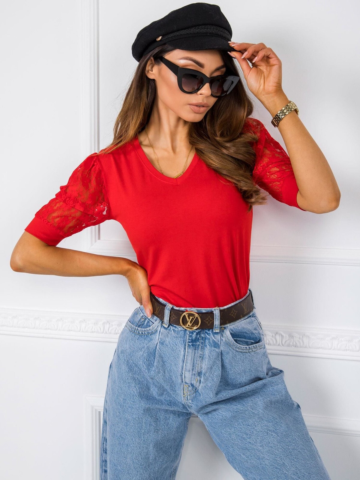Женская блузка приталенного кроя с коротким рукавом красная Factory Price