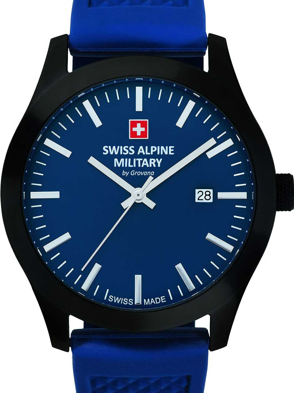 Мужские наручные часы с синим силиконовым  ремешком  Swiss Alpine Military 7055.1875 sport mens 43mm 10ATM