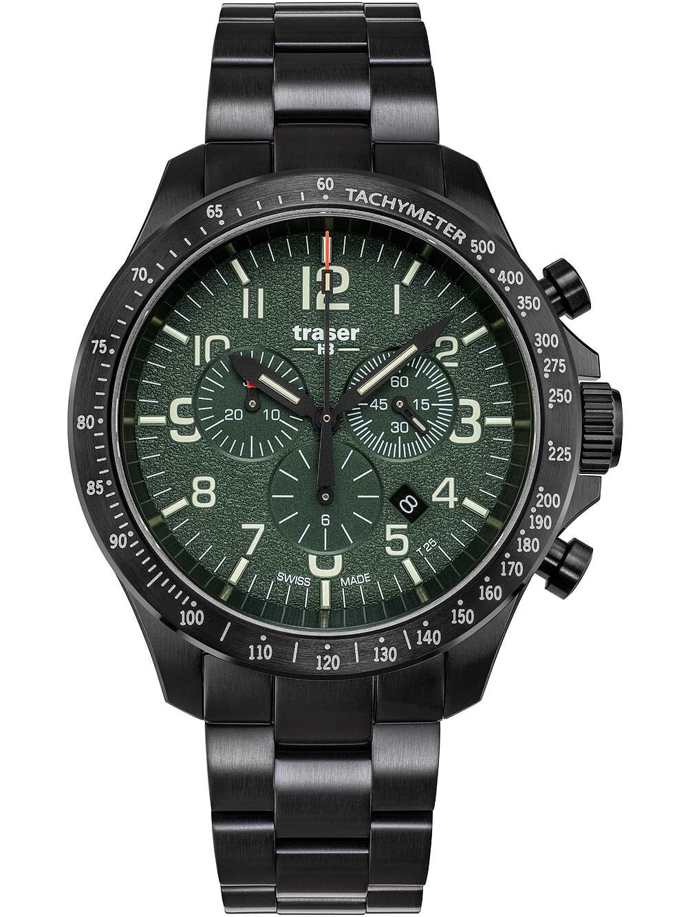Мужские наручные часы с черным браслетом Traser H3 109464 P67 Officer chrono green steel 46mm 10ATM