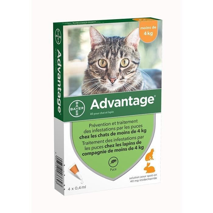 ADVANTAGE 40 - 4 антипаразитарных пипетки - Для кошек и кроликов до 4 кг.