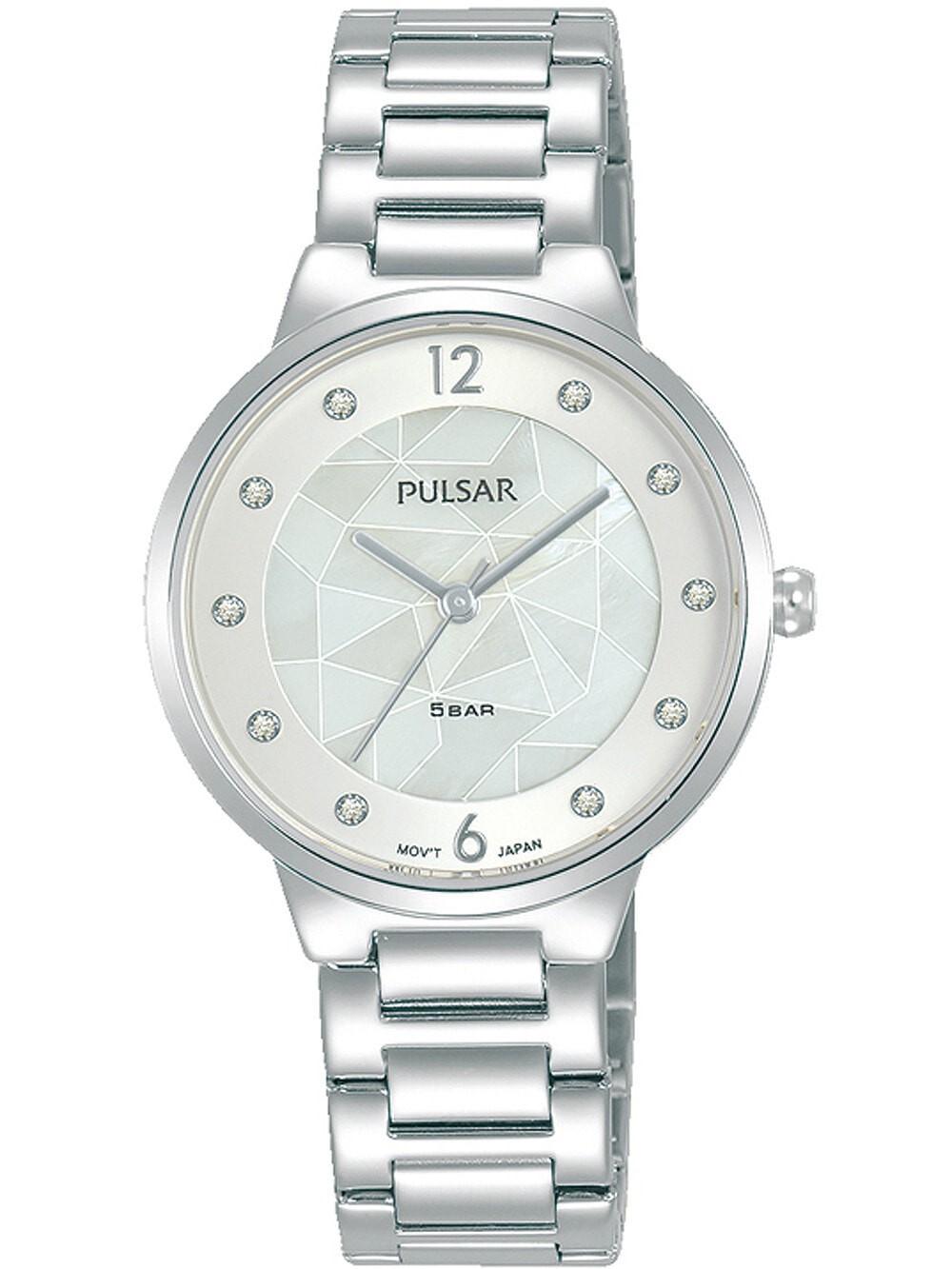 Женские наручные кварцевые часы Pulsar ремешок из нержавеющей стали. Водонепроницаемость-5 АТМ. Прочное, минеральное стекло. Циферблат декорирован кристалами 	Swarovski.