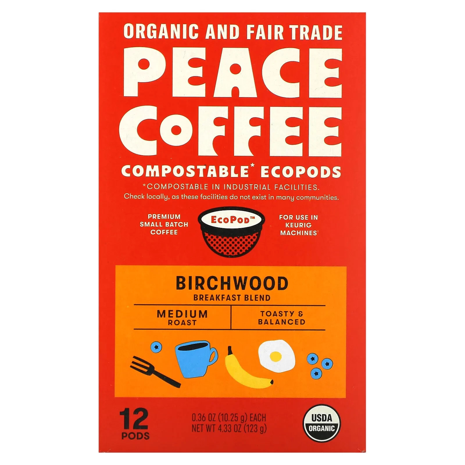 Organic Birchwood Breakfast Blend, Medium Roast , 12 Pods, 0.36 oz (10.25 g) Each