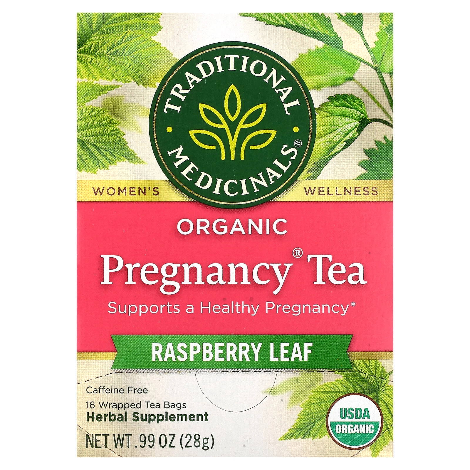 Традитионал Медисиналс, органический чай для беременных, листья малины, без кофеина, 16 чайных пакетиков, 28 г (0,99 унции)