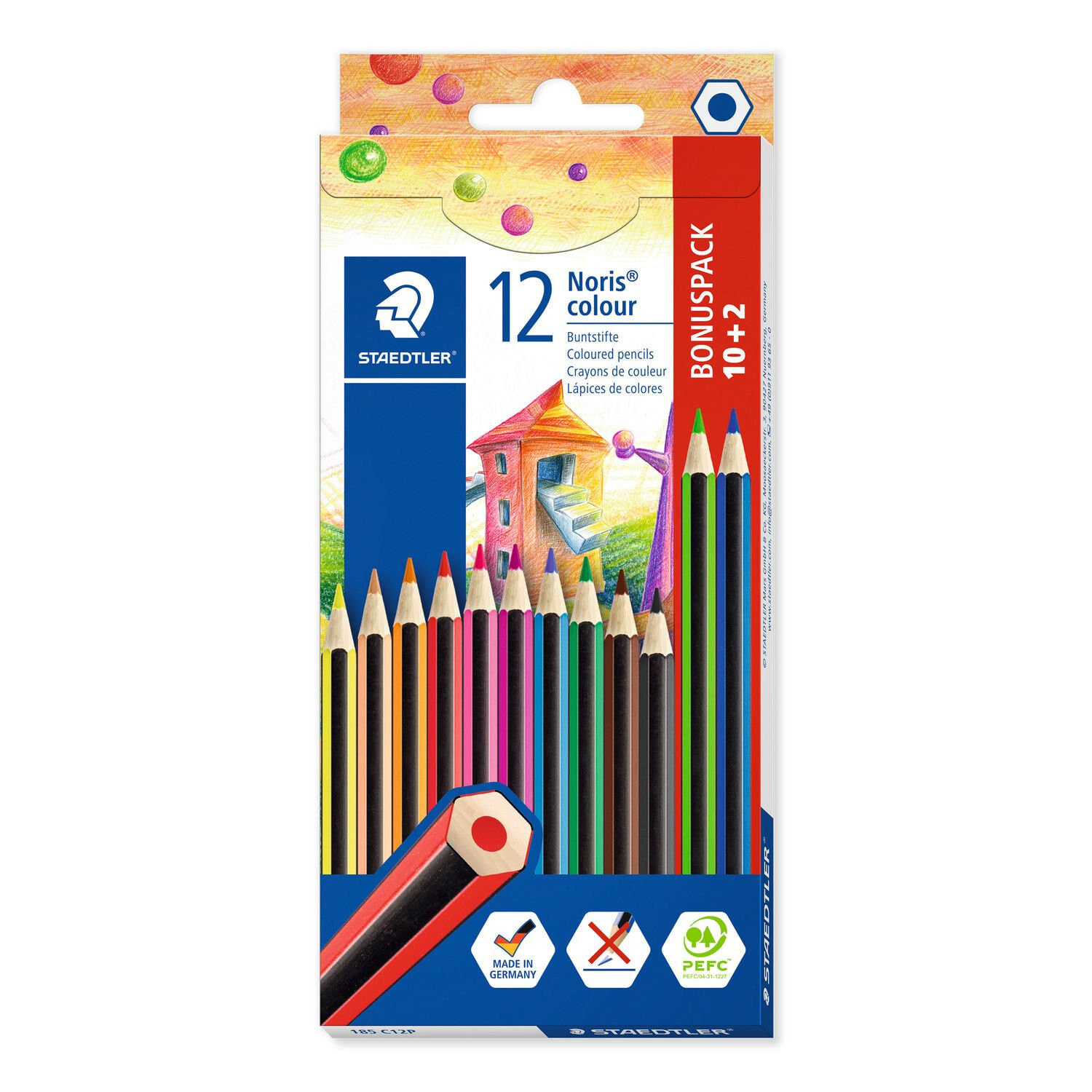 Staedtler Noris colour 185 цветной карандаш Черный, Синий, Коричневый, Зеленый, Пурпурный, Оранжевый, Персиковый, Пурпурный, Красный, Желтый 12 шт 185 C12P