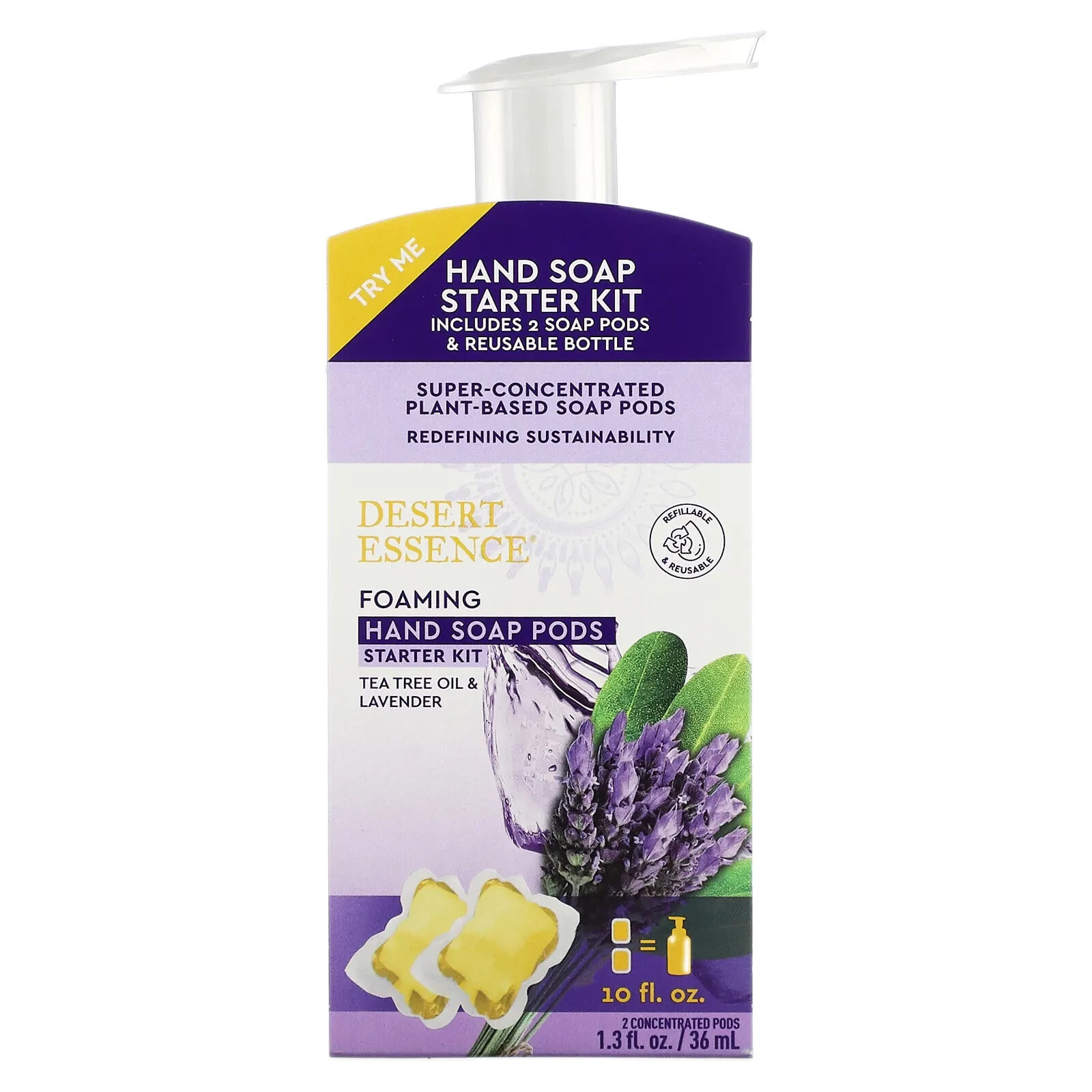 Foaming Hand Soap Pods Starter Kit, Tea Tree Oil & Lavender, 2 Concentrated Pods, 1.3 fl oz (36 ml) + 1 Bottle, 10 fl oz (300 ml)