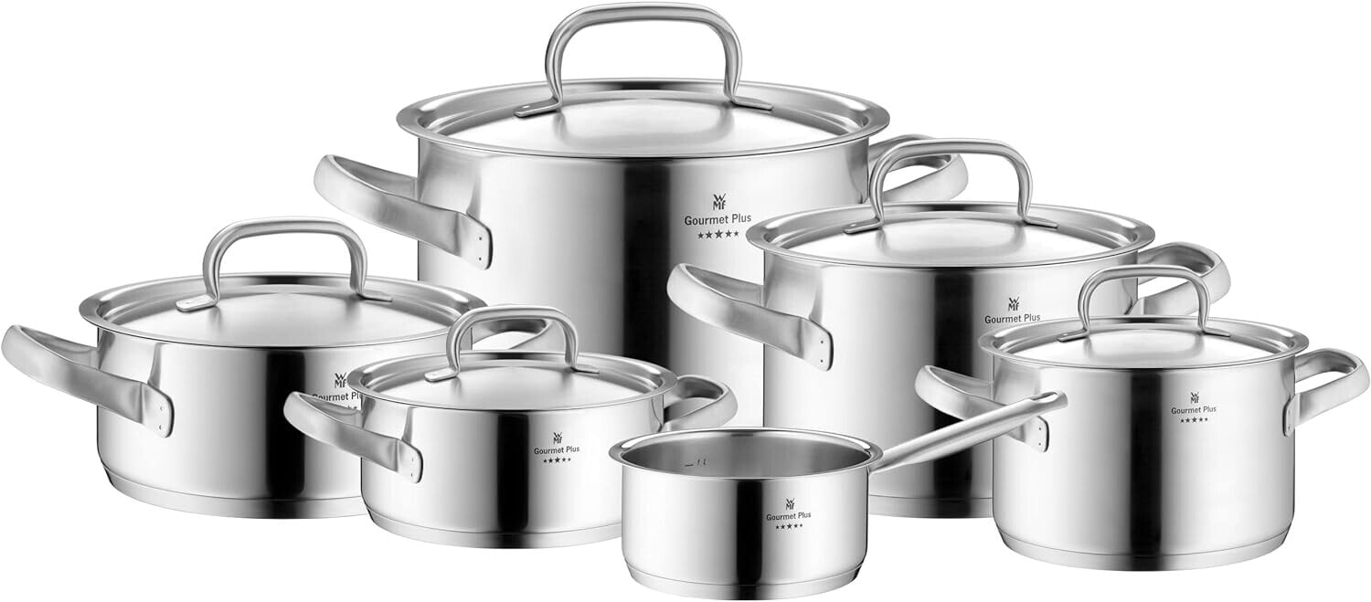WMF Pot Set 5-Piece Gourmet Plus Inside Scale Steam Vent Hollow Handles Metal Lid Cromargan® Stainless Steel Suitable for Induction Hobs Dishwasher-Safe