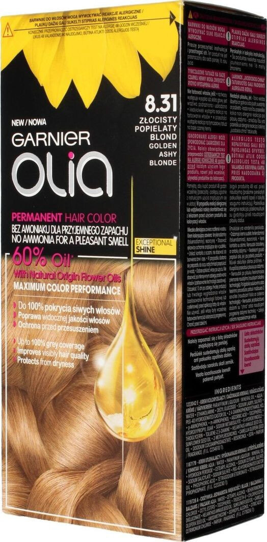 Garnier Olia Permanent Coloration Hair Color No. 8.31 Перманентная крем-краска для волос на масляной основе, оттенок золотисто-пепельный блондин