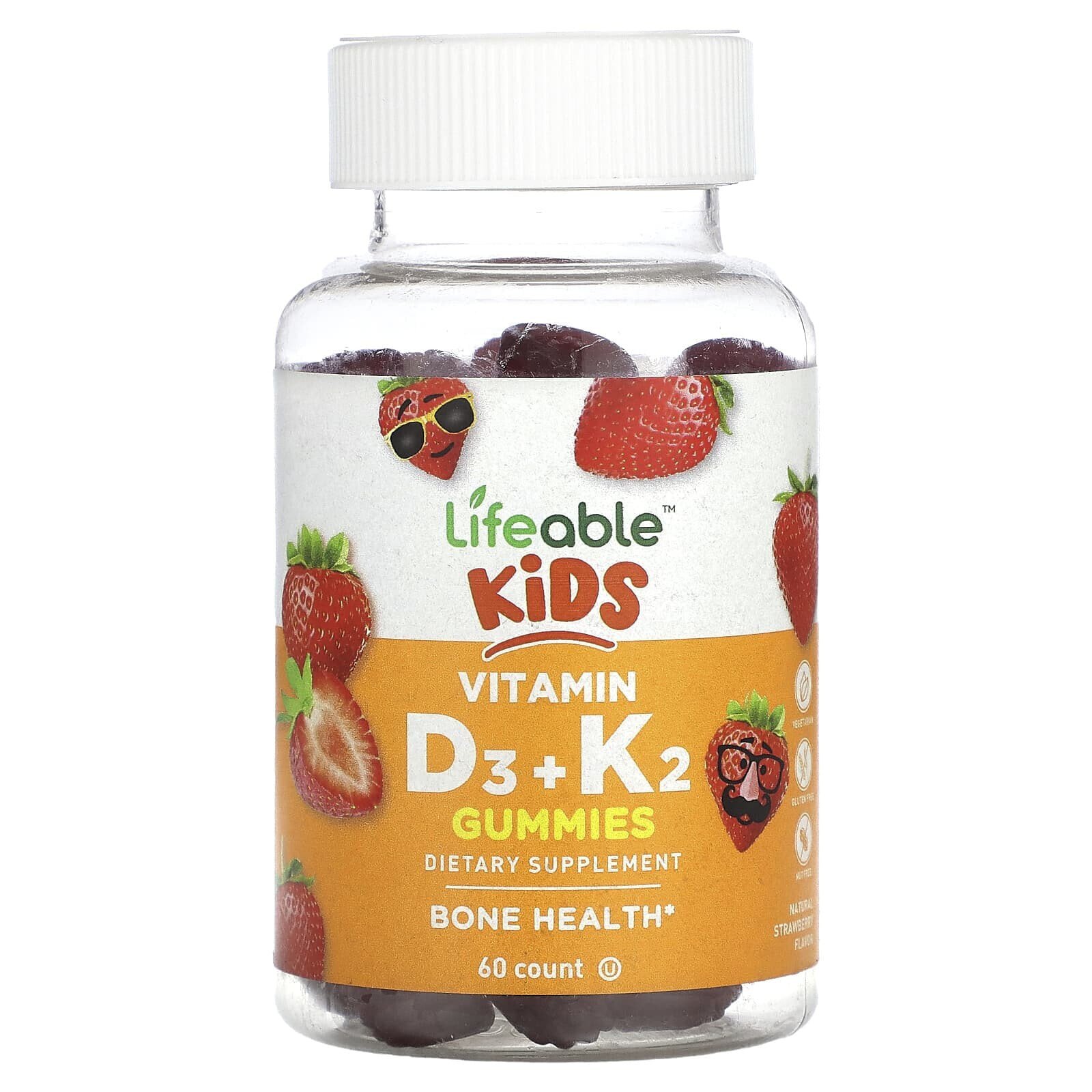 Lifeable, Витамины D3 и K2 для детей, натуральная клубника, 60 жевательных таблеток