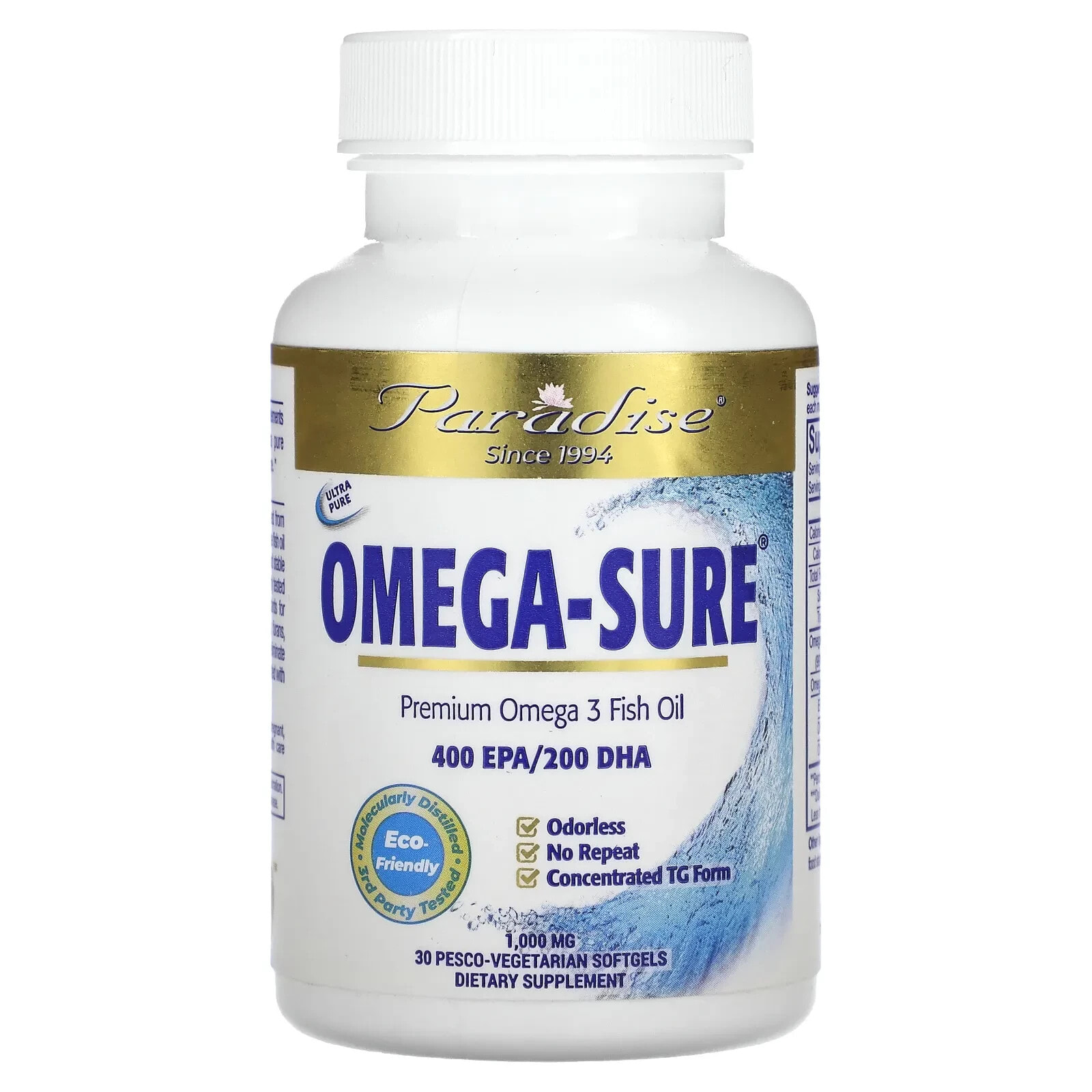 Paradise Herbs, Omega Sure, концентрат омега-3, 1000 мг, 30 капсул в растительной оболочке Pesco