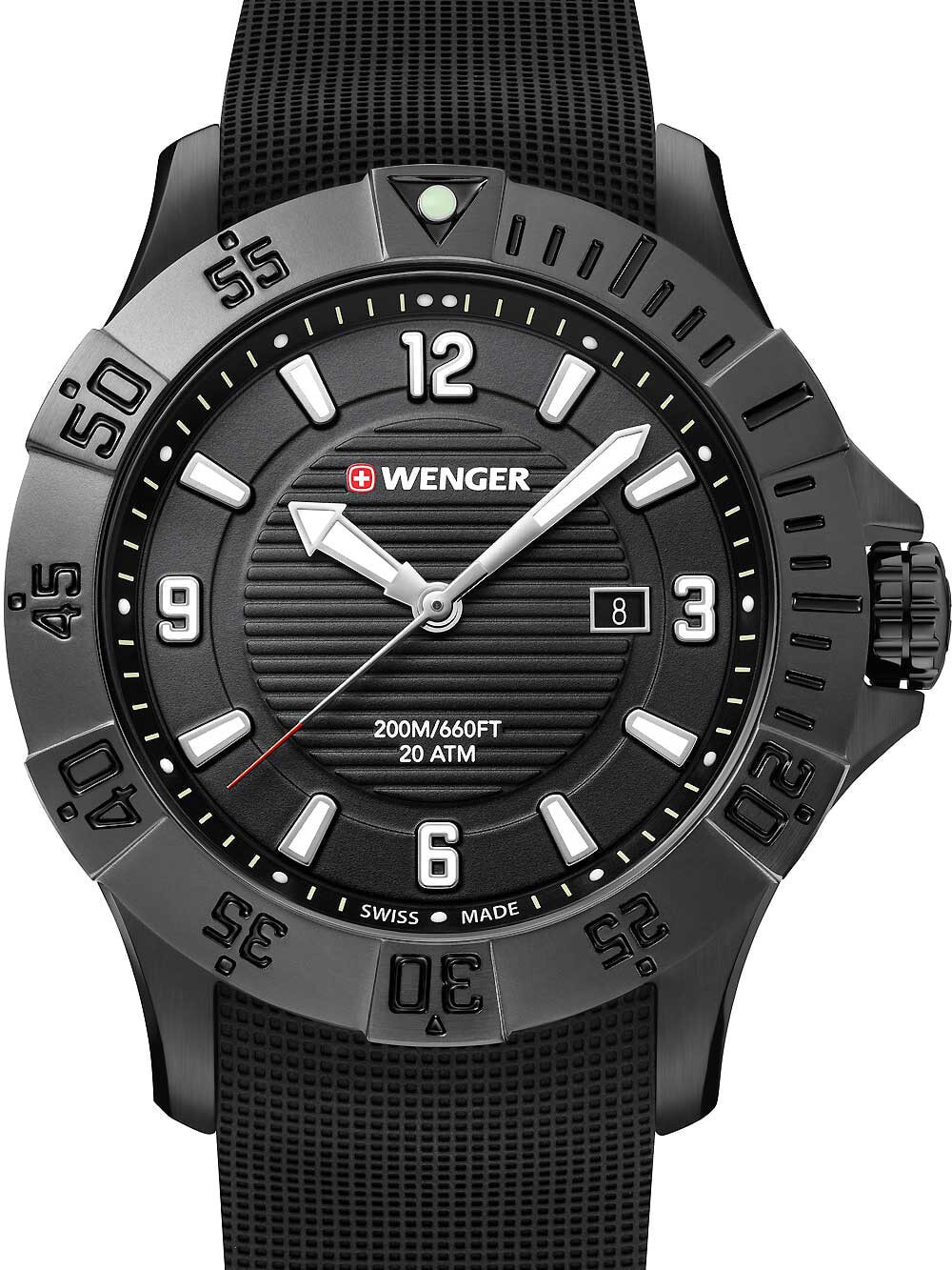 Мужские наручные часы с черным силиконовым ремешком Wenger 01.0641.134 Seaforce diver 43mm 20ATM
