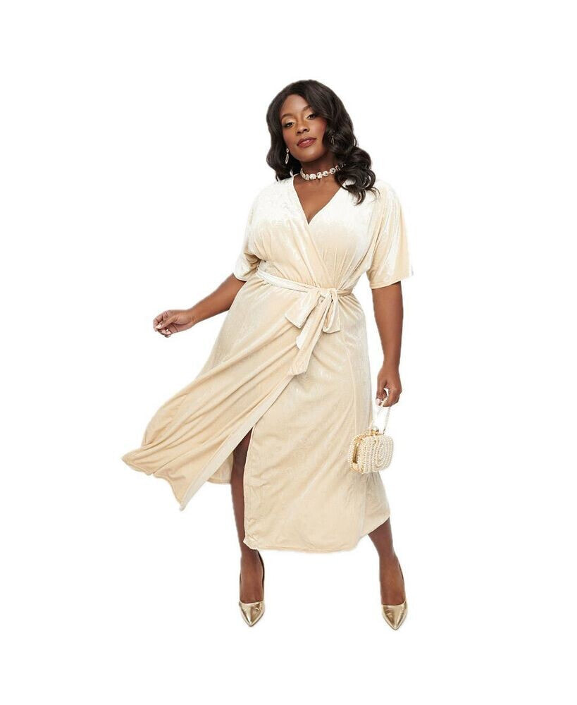 Unique Vintage plus Size Velvet Tie Wrap Surplice Midi Dress