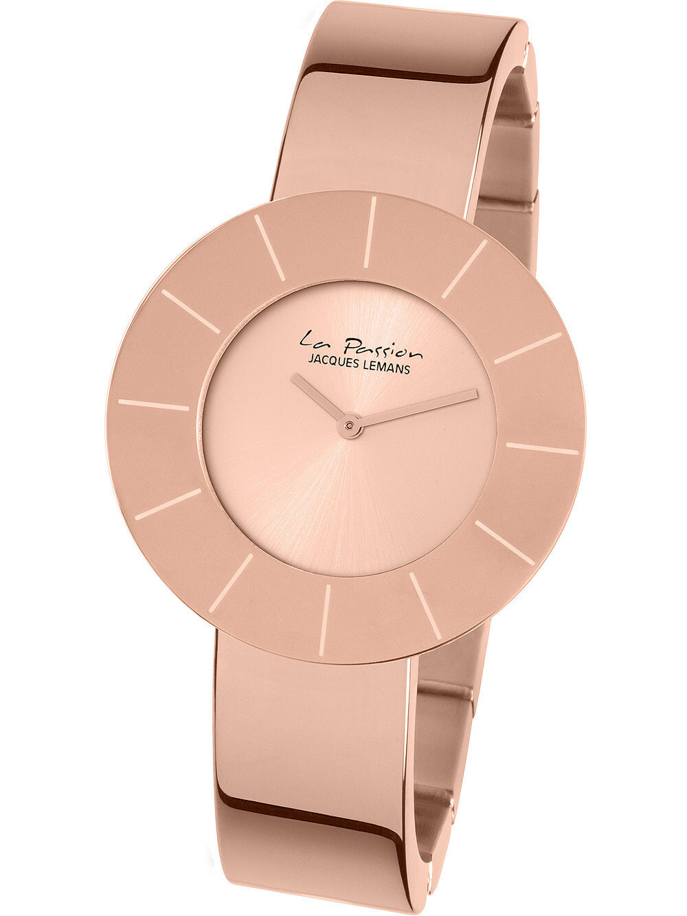 Женские наручные кварцевые часы Jacques Lemans с центральной часовой и минутной стрелками. Круглый корпус выполнен из нержавеющей стали со стойким PVD покрытием розового цвета, на браслете.