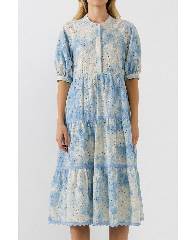Free the Roses women's Paisely Eyelet Midi Dress with Tie-dye Effect
