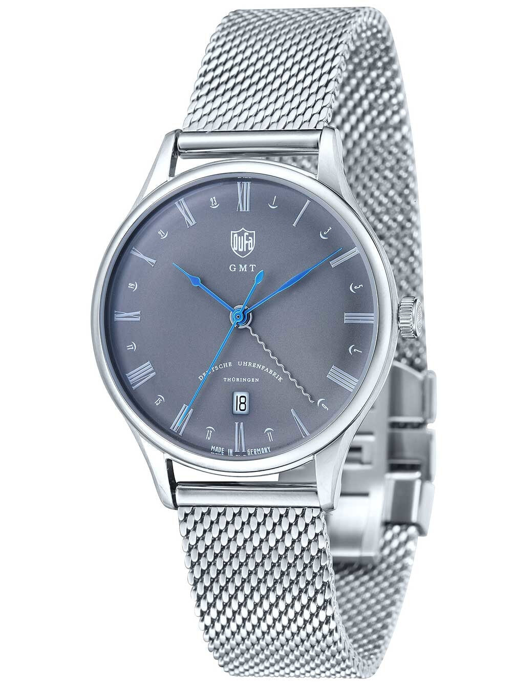 Мужские наручные часы с серебряным браслетом DuFa DF-9006-11 Weimar Mens Watch GMT 38mm 3 ATM