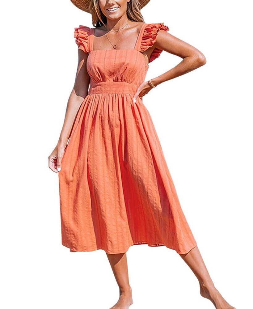 CUPSHE women's Red Square Neck Flutter Midi Beach Dress