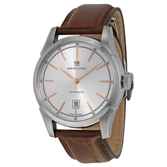 Мужские наручные часы с коричневым кожаным ремешком  Hamilton Spirit of Liberty Automatic Silver Dial Mens Watch H42415551