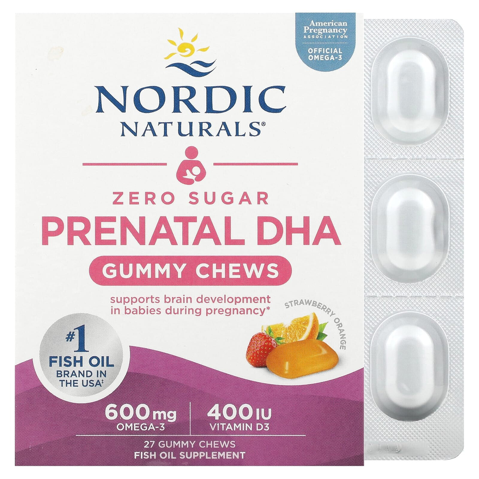 Nordic Naturals, ДГК для беременных без сахара, клубника и апельсин, 27 жевательных таблеток